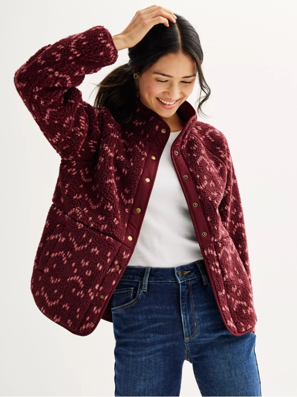 Sonoma Maroon Patterned Sherpa Jacket